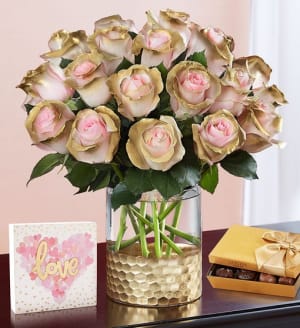 Be Mine Pink and Gold Roses Flower Bouquet