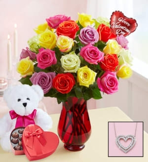 Two Dozen Assorted Roses with Heart Necklace Flower Bouquet