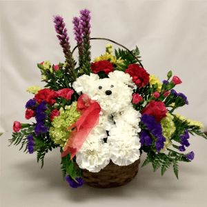 Puppy in a Basket Flower Bouquet