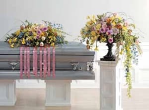 Polychromatic Casket Spray And Vase Arrangement Flower Bouquet