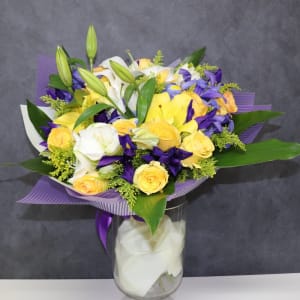 Purple And Yellow Wrap Flower Bouquet