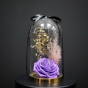 PURPLE ROSE IN LARGE GLASS DOME-PRESERVED Flower Bouquet