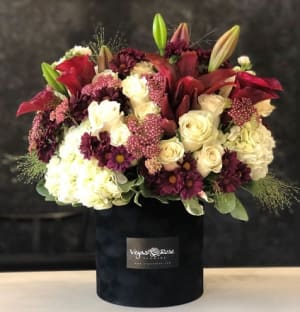 Burgundy  in any black box Flower Bouquet