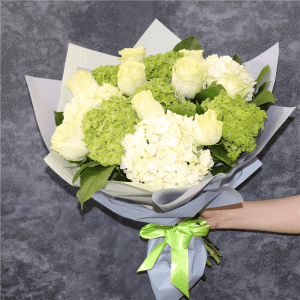 Green and White colors wrap Flower Bouquet