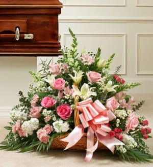 Sincerest Sympathies Fireside Basket-Pink & White Flower Bouquet