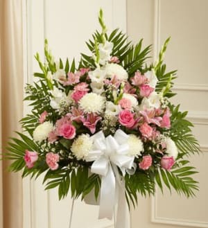 Heartfelt Sympathies Pink & White Basket Flower Bouquet