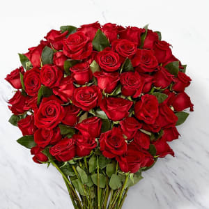 Fifty Long Stem Red Roses with Vase Flower Bouquet