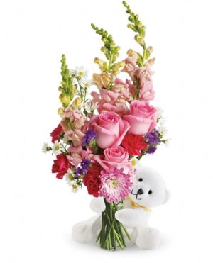 Bear Hug Bear with Pink Roses Flower Bouquet