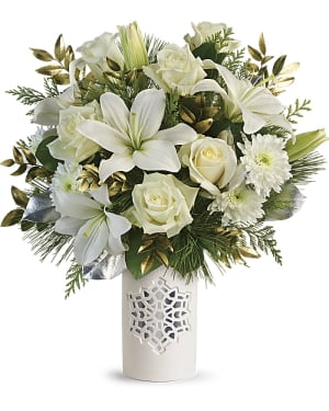 Teleflora's White Snowflake Bouquet- CONTAINER SOLD OUT- AVAILABLE IN GLASS VASE Flower Bouquet