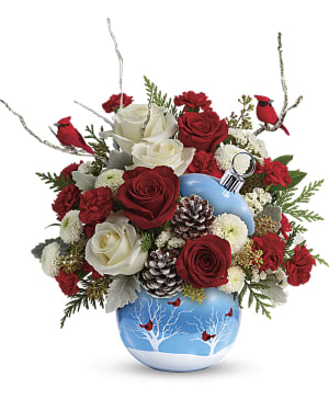 Teleflora's Cardinals In The Snow Ornament Flower Bouquet