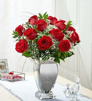 Premium Long Stem Red Roses in Silver Vase Flower Bouquet