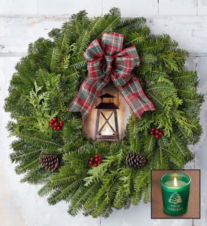 Rustic Lantern Wreath + Free Candle Flower Bouquet