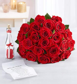 Message in a Bottle with Red Roses Flower Bouquet