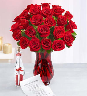 Message in a Bottle with Red Roses Flower Bouquet