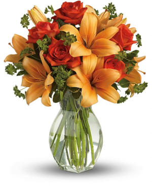 Fiery Lily and Rose Flower Bouquet