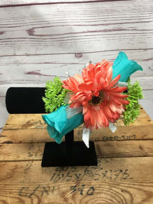 Pink Gerbera Daisy and Teal Rose Silk (Artificial) Wrist Corsage Flower Bouquet