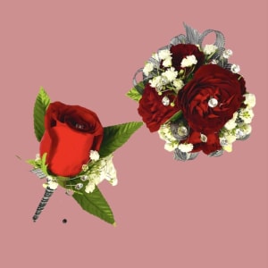 Scarlet Whisper Wristlet and Boutonniere Set Flower Bouquet