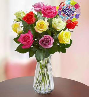 Happy Birthday Assorted Roses Flower Bouquet