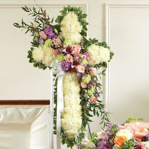 White Cross with Lavender Flowers Flower Bouquet