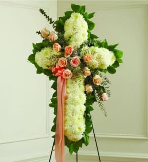 White Cross with Peach Roses Flower Bouquet