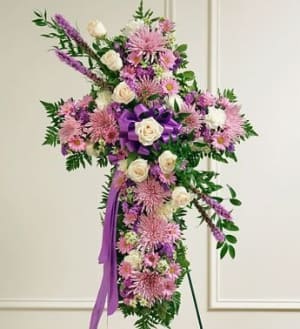 Lavender Cross with White Roses Flower Bouquet