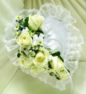 Satin Heart Pillow with White Flowers Flower Bouquet