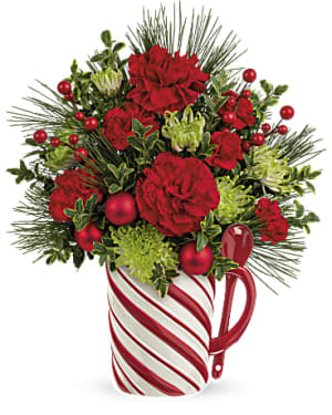 Send a Hug Candy Cane Mug Flower Arrangement Send a Hug Candy Cane Mug Flower Bouquet