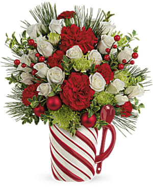 Send a Hug Candy Cane Mug Flower Arrangement Send a Hug Candy Cane Mug Flower Bouquet