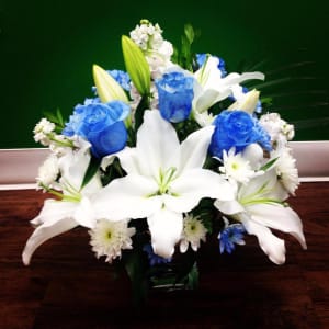 Blue Roses and White Lily Flower Bouquet