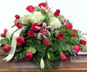 Hydrangea and Pink Rose Casket Spray Flower Bouquet