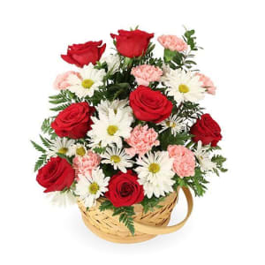 Red & White Table Basket Flower Bouquet