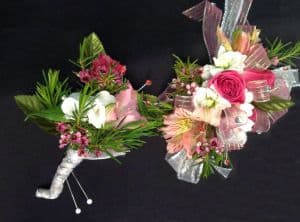 Rosy Peach Wristlet and Boutonniere Set Flower Bouquet