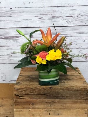 Mixed Fresh Colorful Bouquet in Cube Vase Flower Bouquet