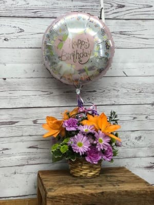 Happy Blooms Basket with Mylar Happy Birthday Balloon Flower Bouquet