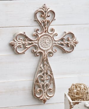 Cast Iron Cross in Teal or Cream Flower Bouquet