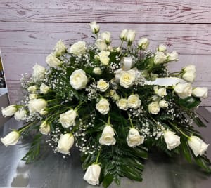 All White Rose Casket Spray Flower Bouquet