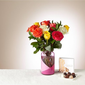 One Dozen Mixed Rose Bouquet and Chocolates Gift Set Flower Bouquet