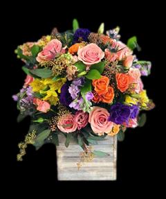 Bright Garden Wood Box Flower Bouquet