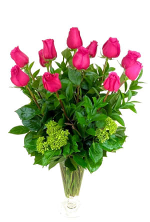 Dozen Hot Pink Roses Flower Bouquet