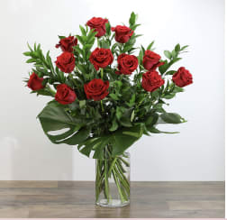 Red Roses with Modern Foliage (12) Flower Bouquet