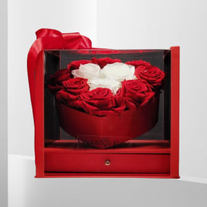 RED & WHITE PRESERVED ROSES IN SQUARE BOX Flower Bouquet