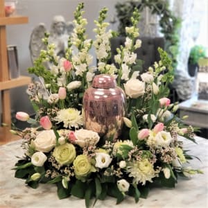 Tulips in Pink Urn Surround Flower Bouquet