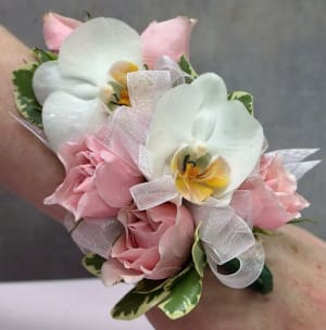 White Orchid & Pink Rose Corsage/Boutonniere