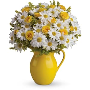 Teleflora's Sunny Day Pitcher of Daisies Deluxe Flower Bouquet