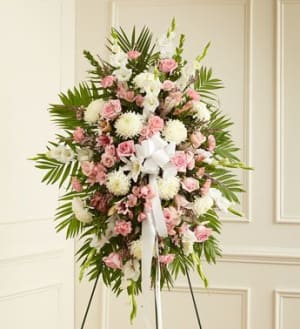 Deepest Sympathies Standing Spray-Pink & White Flower Bouquet