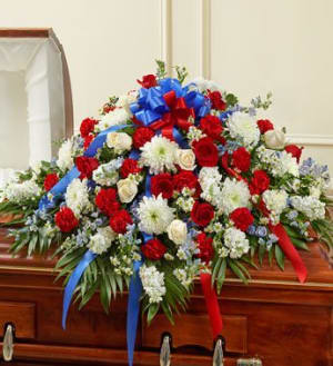 Red, White & Blue Cherished Rose Half Casket Cover Flower Bouquet