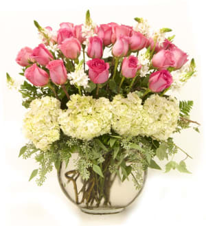 Pink Roses and White Hydrangeas Flower Bouquet