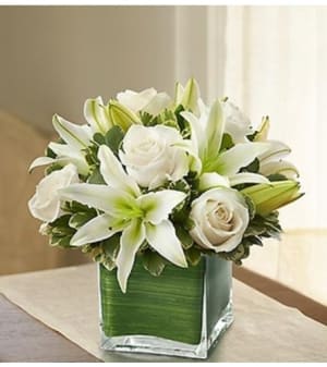 Modern Embrace™ White Rose and Lily Cube Flower Bouquet