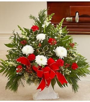 Sympathy Floor Basket in Christmas Colors Flower Bouquet