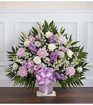 Heartfelt Tribute Lavender & White Floor Basket Flower Bouquet